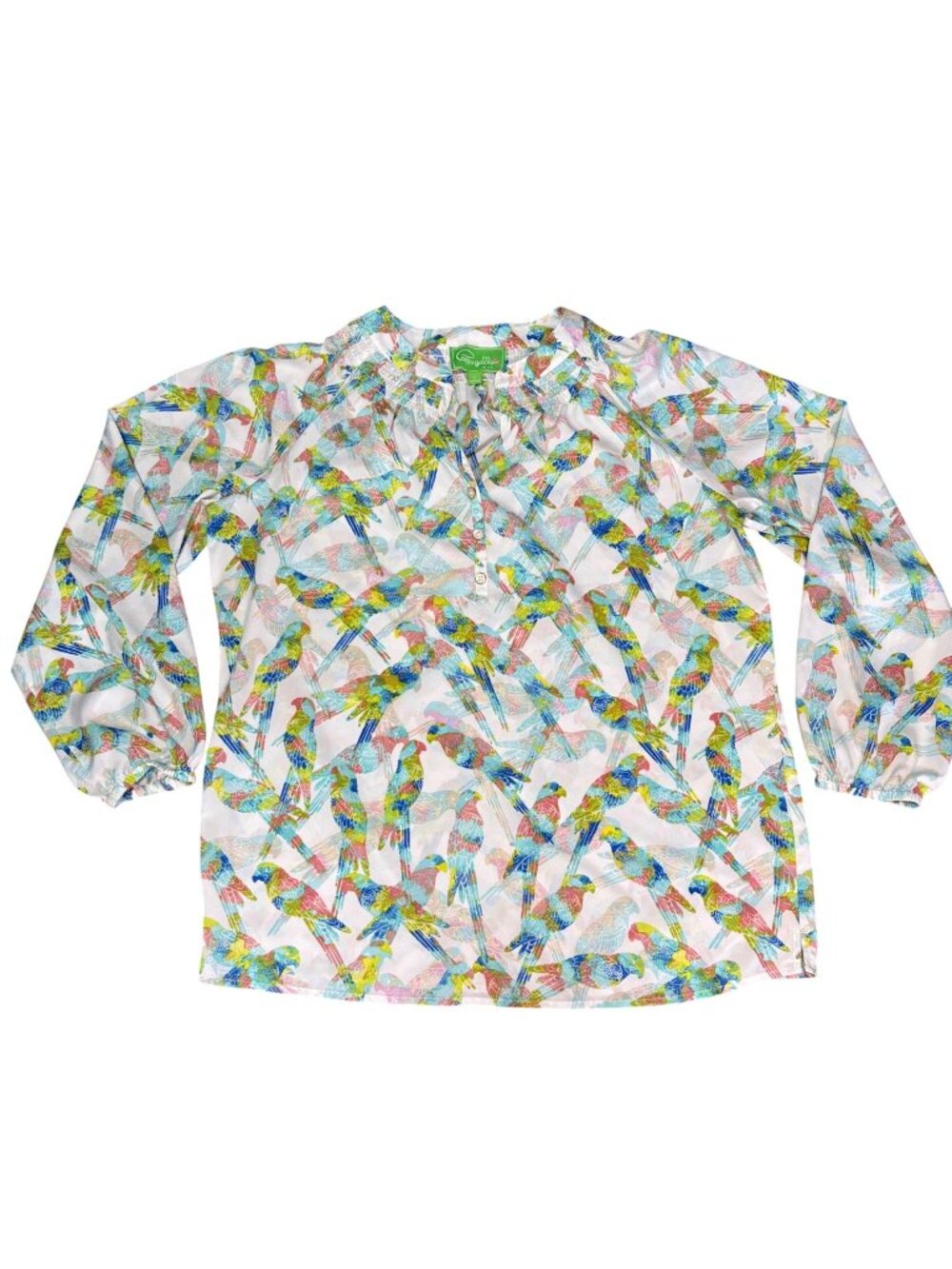 Cappagallo Parrot Print Long Sleeve Button-Front Blouse Size L Lightweight